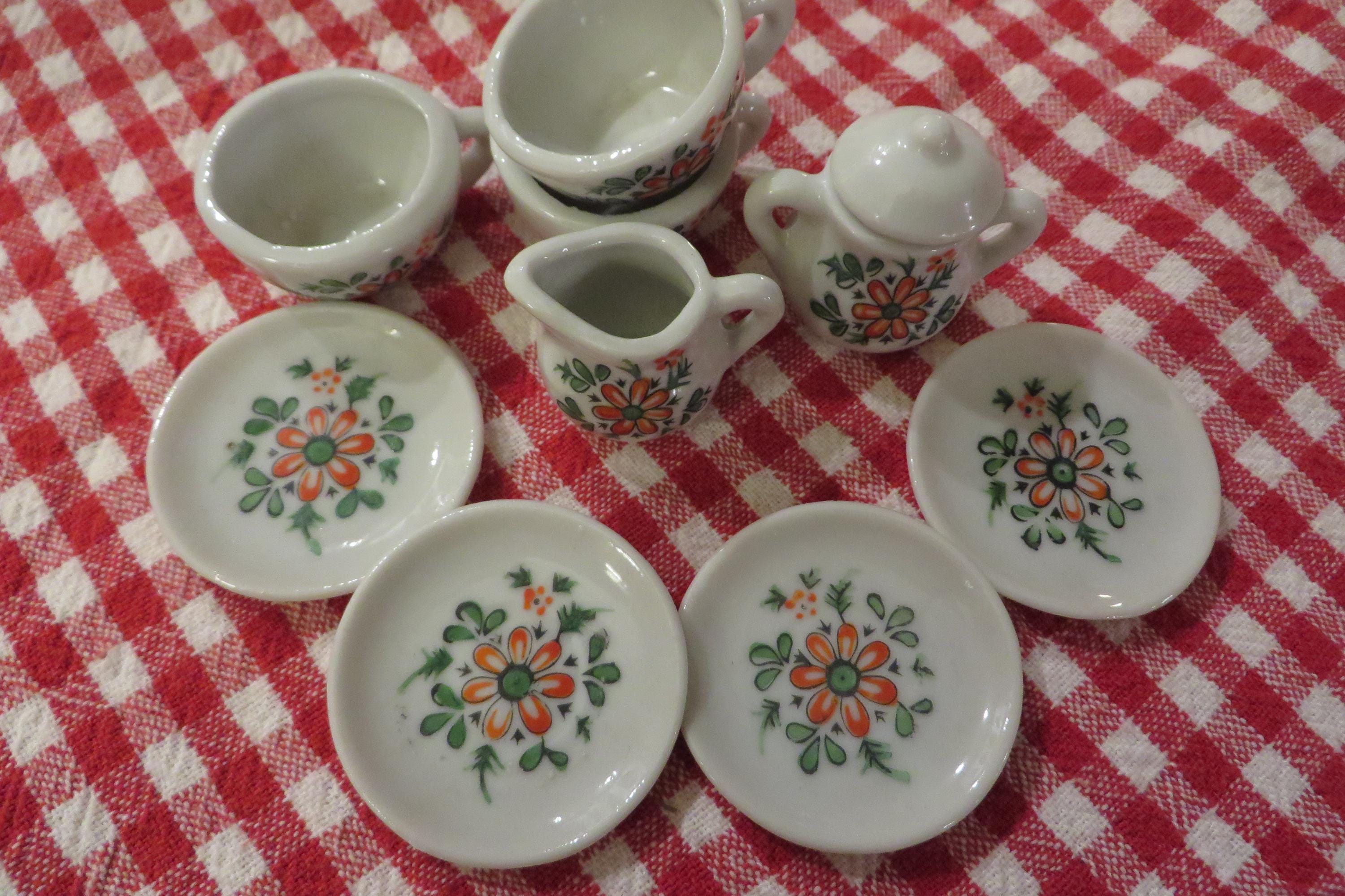 Miniature China Tea Set Pieces // Orange, Green Yellow on White