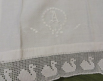 Towel White Monogrammed "A" with Crocheted DUCKS along Bottom Edge  //  Cotton Vintage Monogrammed Hand Towel  //  Baby Shower Gift