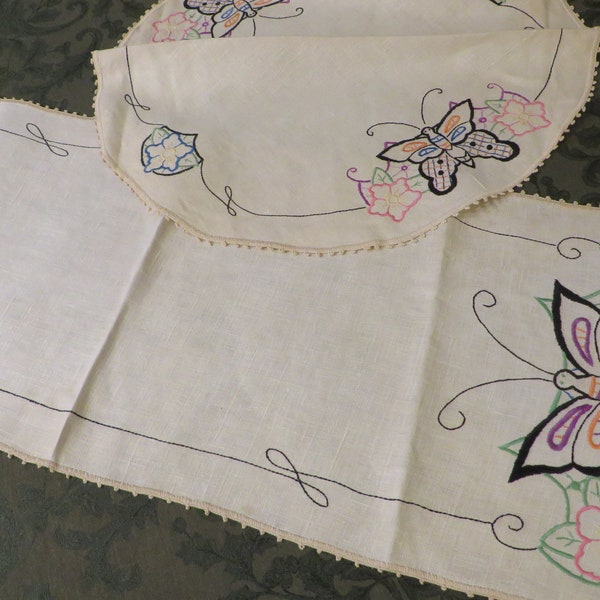 Vintage Table Runner - Dresser Scarf and Matching Doily w/ BUTTERFLIES  //  BEAUTIFULLY Hand Embroidered, Hand Stitched Edging