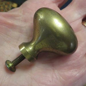 May include: A brass cabinet knob with a smooth, rounded, teardrop-shaped head and a tapered neck. The knob features a threaded metal screw extending from the base, designed for attachment to furniture or cabinetry doors and drawers.