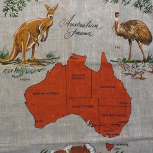 Linen Towel AUSTRALIAN Animals - Unbleached Linen Made in Poland  31&quot; x 18&quot; //  Linen Kitchen Towel  //  Map of Australia, Koala, Kangaroo