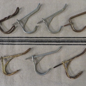 Antique - Vintage WALL HOOKS, Heavy Metal, Twisted Metal, Double Hooks  //  Group of 7  //  Salvaged Metal Hooks -  Coat Hooks