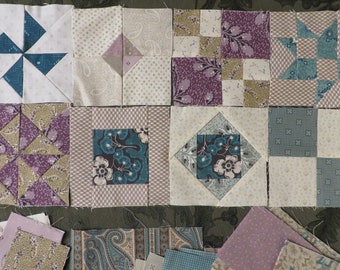 Antique Quilt Blocks, Miniature Size, 8 Blocks with Fabric to Make Many More  //  Blocks are 4 1/2" Square  //  Beige, Purple, Teal, Brown