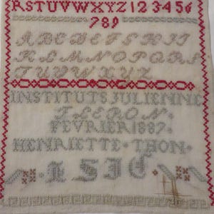 Antique SAMPLER Dated February 1887, FRENCH, Hand Stitched on Linen - Signed Alphabet Sampler   11 1/4&quot; Tall, by 9 3/4&quot; Wide  //  Unframed