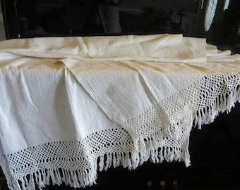 Vintage PIANO SCARF, Woven White Cotton, Long Fringed Ends  //   Off-white Color  //  Measures 80" x 30"  //  Shawl, Scarf, Cover