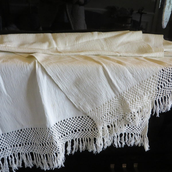 Vintage PIANO SCARF, Woven White Cotton, Long Fringed Ends  //   Off-white Color  //  Measures 80" x 30"  //  Shawl, Scarf, Cover