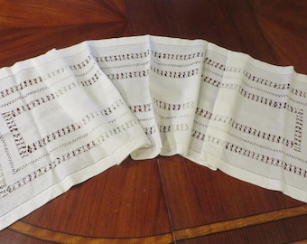 Vintage Table Runner or Dresser Scarf in Bright White - Pulled Thread Lace, Openwork, Hemstitched Edging - 64" Long by 16 1/2" Wide