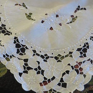 Heirloom Linen Tablecloth 61" Sq. Open-Work, Cutwork Embroidery - Swirls, Leaves, Floral Patterns - Monogrammed "ARB"