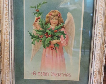 Antique Christmas Postcard FRAMED  //  Christmas Angel with Holly Leaves, Berries "A Merry Christmas"  // Wood, Glass Frame Destressed White