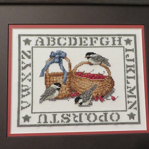 Vintage Alphabet SAMPLER  //  Hand Cross Stitched  //  Vintage Sampler with BIRDS  //  14" wide by 12 1/4" tall Framed