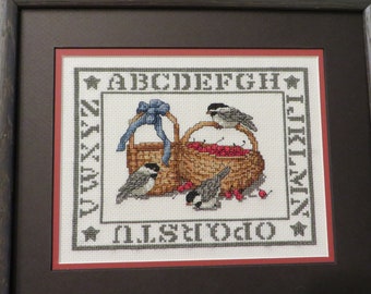 Vintage Alphabet SAMPLER  //  Hand Cross Stitched  //  Vintage Sampler with BIRDS  //  14" wide by 12 1/4" tall Framed