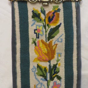 Needlepoint BELL PULL // Handmade Wool Needlepoint - 55&quot; x 8&quot; //  Greens Gold Blue Pink Orange Yellow  // Velvet Back, Heavy Metal Hardware