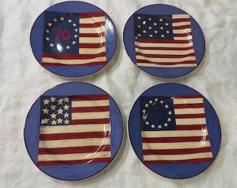 Vintage WARREN KIMBLE PLATES, Set of 4 - "Spirit of the Flag"  - 8 1/8" Diameter, Salad Size - Made by Sakura