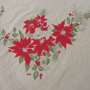 Tablecloth LONG Christmas Tablecloth 98&quot; x 56&quot; Soft LINEN, Vintage  //  Christmas Table Linens  //  Poinsettias, Bells, Holly and Bows