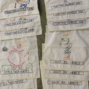 Vintage Embroidered Quilt Blocks NURSERY RHYMES  //  Hand Embroidered  //  10 1/2&quot; Square, Cotton Fabric  //  13 Blocks