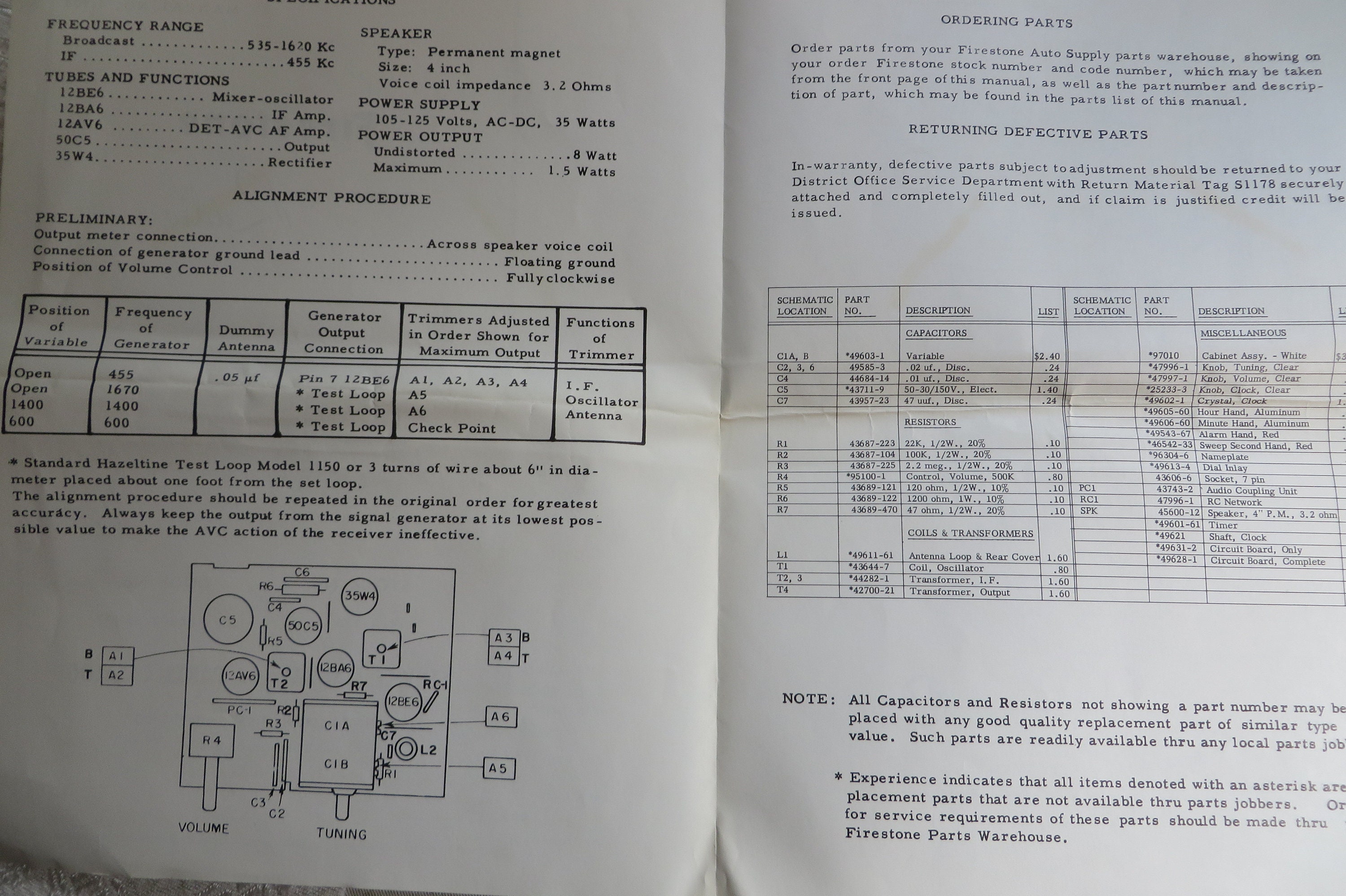 FIRESTONE Clock Radio Service Manual and Parts Catalog // Etsy