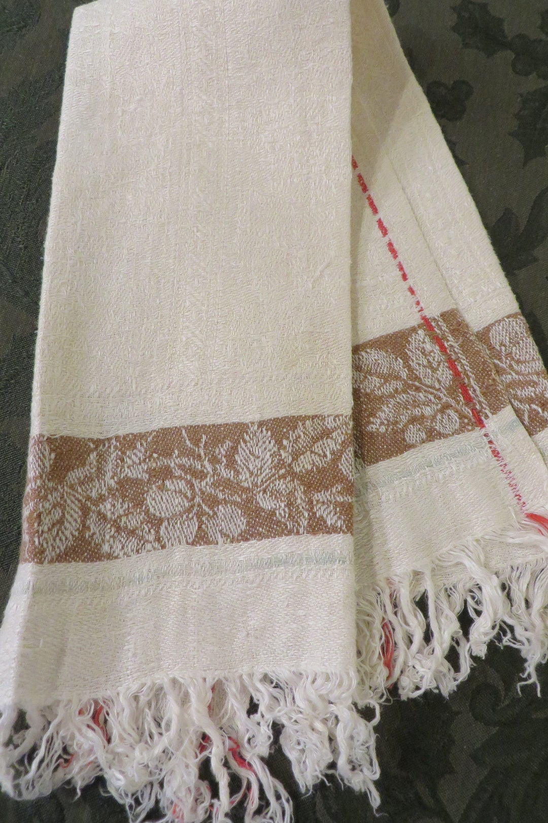 Vintage Kitchen TOWEL // Cream, Brown, and RED // Country or Primitive Kitchen Linens // 13 1/2 ...