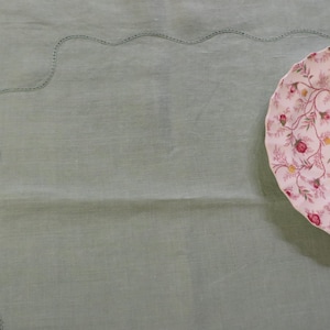LINEN Light GREEN Tablecloth, Pulled Thread Detailing, Scalloped Edges  42&quot; x 39&quot; topper Cloth  //  Vintage Linen Tablecloth in Green