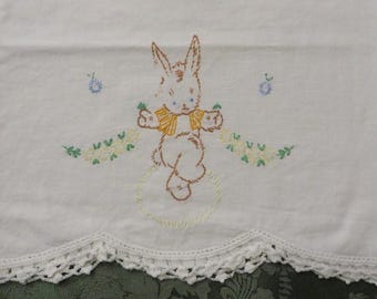 Antique/Vintage Child's Pillowcase - Small 18" x 10 1/2" - Hand Embroidered Dancing Bunny - Crocheted Lace Edging
