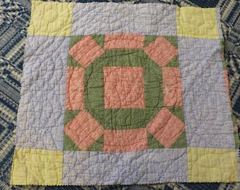 Antique Quilted Piece from an Early 1900s QUILT - Red, Green, Gold and Blue - For Upcycling, Repurposing - Gorgeous Brown Backing, 16" x 19"