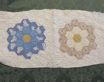 Quilt PIECE, Grandmother's Flower Garden Pattern  //  Rectangular, 20 1/4" x 10 1/2"  //  For Re-Purposing  //  Blues Gold Brown