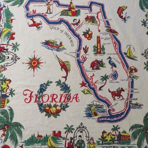 May include: A vintage Florida map design on a white background. The map is outlined in blue and red, featuring illustrations of landmarks, boats, and wildlife. The word "Florida" is written in red script, surrounded by a floral wreath. Palm trees and fruit border the edges.