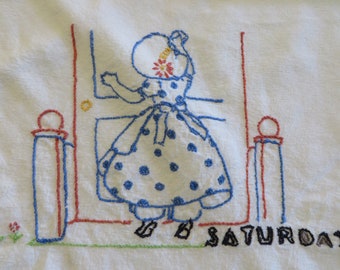 Large Kitchen Towel  //  Cotton with Hand embroidery "GIRL WASHING WINDOWS" - Wearing Blue & White Polka Dot Dress - "Saturday" Cleaning