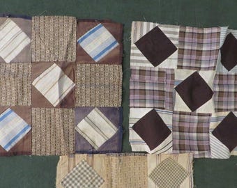 Antique Quilt Blocks - Hand Pieced - Early 1900s Cottons - Shirtings, Plaids, Stripes, antique Quilting Fabric - 3 Blocks