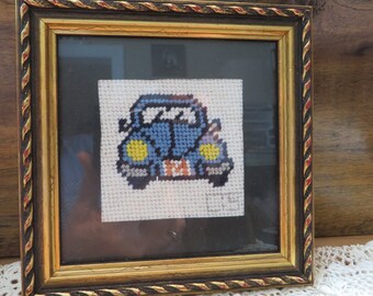 Small Needlepoint VW BUG, Framed  //  5" -by- 5"  //  Blue VW Bug  //  Volkswagen Bug, Stitched Needlepoint in Wool and Framed