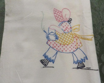 Antique Embroidered TOWEL, Large Size, Sun Bonnet Sue design - Very Large 34" sq. - Vintage Embroidered Towel - Girl with Hot Tea Kettle