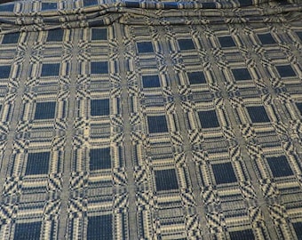 Antique Overshot WOOL Coverlet, 3 Panels, Extra large 110" x 92" -  Antique Wool Coverlet - Navy and Beige - Loomed Wool Blanket