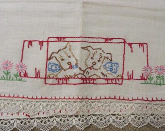 Vintage COTTON TOWEL - Two DOGS - Scottie, Terriers - White Red Brown Pink Green - Lace edging