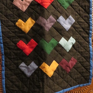 Vintage Mini QUILT, Handmade, Machine Quilted Wall Hanging  //  HEARTS  //  Primary Colors on Black Background  //  15 1/2&quot; x 13&quot; Wide