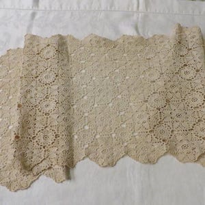 May include: A cream-colored, crocheted lace trim with a scalloped edge. The lace features a repeating floral pattern and is displayed on a white background. The trim is folded over in sections.