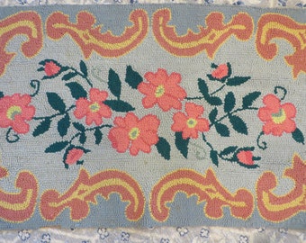 Vintage RUG, Punch Needle, Handmade Rug  //  Blue, Gray, Pink, Green, Gold, Mauve  //  48 1/4" Long x 24"  //  Floral Pattern