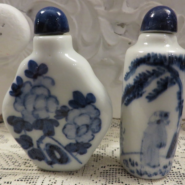 Vintage Snuff Bottles, Group of 2 in BLUE and WHITE  //  With Lids, Cork Tops and Spoons  //  Small Blue and White Ceramic Bottles