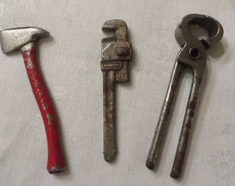 Antique Miniature TOY TOOLS  //  Pliers, Axe, Wrench  //  3&quot; to 3 1/2&quot; Long  //  Miniature Childs Toys  //  Pretend Play