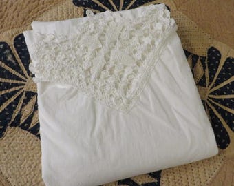 Cotton BEDSHEET Lace Edging, Hand Crocheted Lace - Top Sheet - 99" Long, 80" Wide - Heirloom Bed Linens - Twin or Full Size Bed Sheet