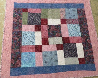 Small Lap Quilt or Crib QUILT - Machine Quilted - 33" by 30"  //  PINKS, Blues, Wine Color, White  //  BUTTERFLIES on the Back