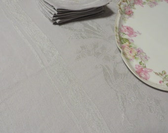 Gray TABLECLOTH and Napkins   Size 45" x 51"  //  Tone on Tone Pattern Lilies of the Valley //  Tablecloth SET, "Silver Anniversary" linens