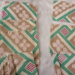 Antique FEED SACK Pieces from an Old QUILT  //  18 Squares  //  3&quot; to 3 3/4&quot; square  //  Vintage Fabric  //  Quilt Repair