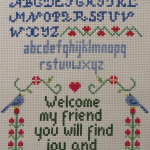 Hand Stitched Alphabet Sampler - Cross Stitched on Cotton Aida Cloth - Fabric 12&quot; by 11&quot; - Stitched Area 7 1/4&quot; by 6 1/4&quot; //  Birds Flowers