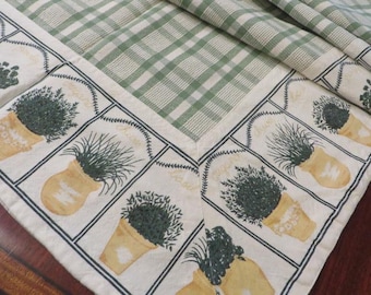 Vintage Tablecloth GREEN CHECK Pattern with HERBS along the Borders - Tablecloth in Green and Yellow - Measures 48 Inches Square
