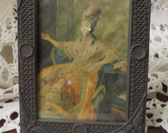 Small Antique Metal PICTURE FRAME - Easel Back - Frame is 4" x 3" - Victorian era Picture inside of a Woman