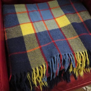Vintage Wool Lap Blanket  //  Lap Throw  //  67&quot; by 59&quot;  -  Plaid in Blue Red and Gold  //  Wool Plaid Blanket, Vintage