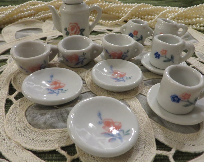 Miniature China Tea Set Pieces // Pink, Blue Floral on White Ceramic