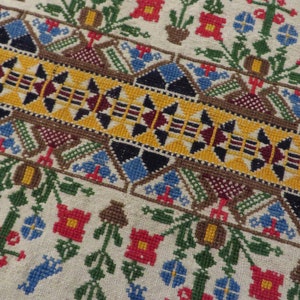 Antique CROSS STITCH on Heavy Linen Sack  //  Expertly Hand Stitched  //  24&quot; Wide by 10 1/2&quot;  //  Birds, Flowers, Urns, Geometric Patterns