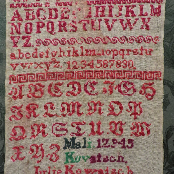 Antique SAMPLER Dated 1891, Hand Stitched on Linen  //  Alphabet Sampler, Signed Sampler  //   17" x 11"  //  Unframed