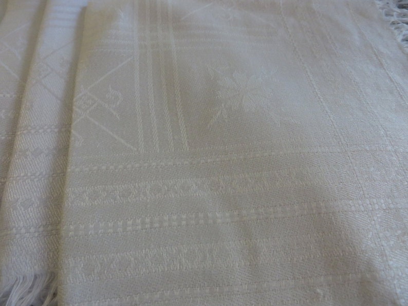 Set of Seven Napkins White on White Floral and Gridded Pattern Unique White Fringe 14 Square