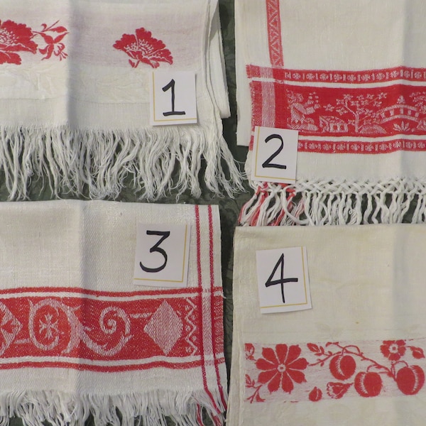 Antique Towel Damask Tone on Tone Red and Off-White  - Heirloom Quality //  Woven Cotton   //  Sold Individually, 2, 3, 4 are available